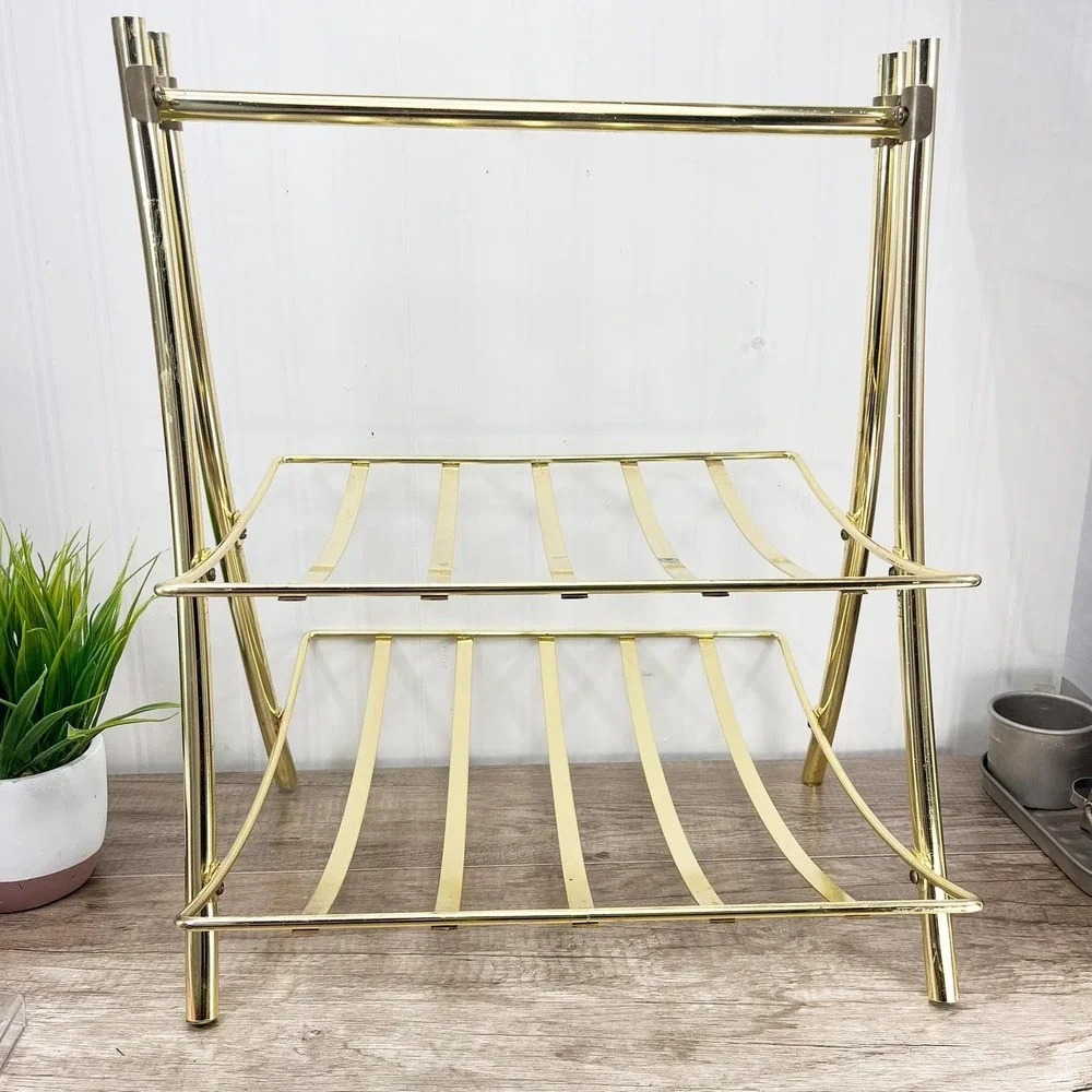 Mid-Century Brass Magazine‎ Rack: Gold Towel Holder with Handle
